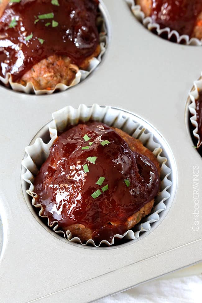 Up close top view of turkey Meatloaf Muffins in a muffin tin