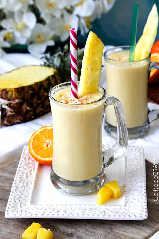 Mango Pineapple Smoothie Recipe without bananas on a white plate