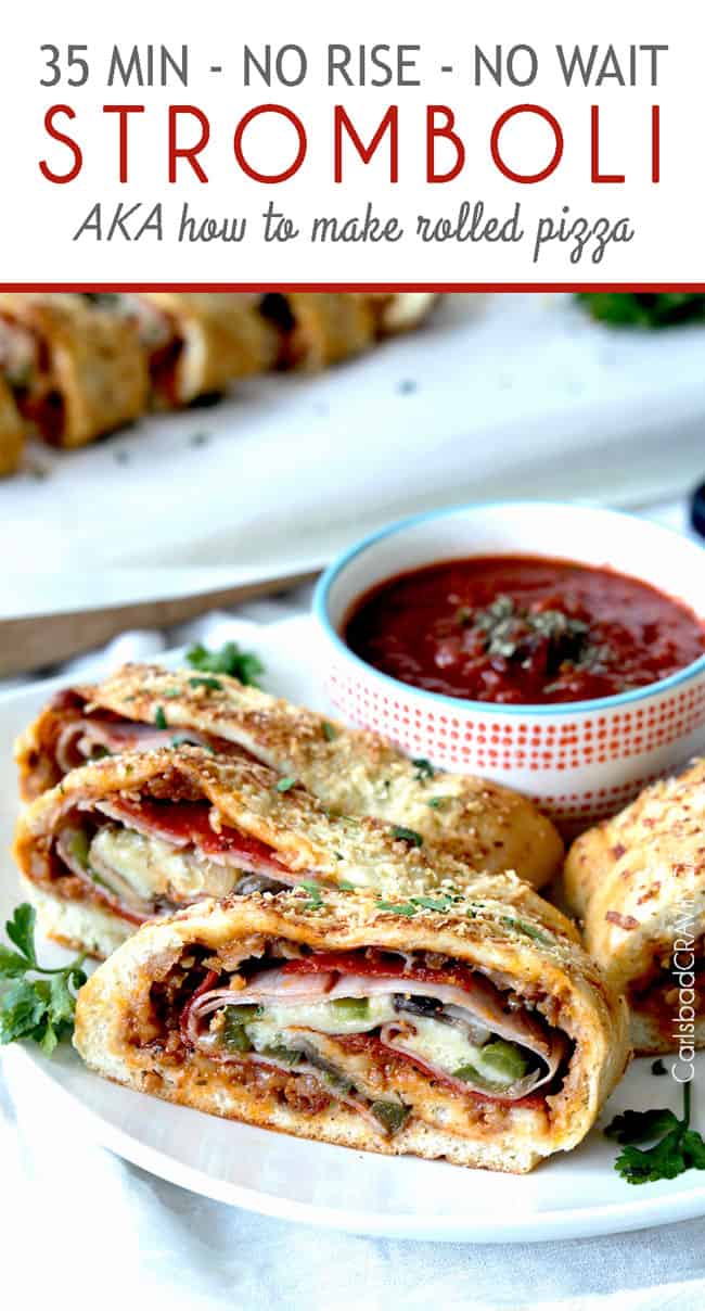 satisfy your pizza cravings in 35 minutes or less with No Wait No Rise Stromboli AKA rolled up pizza! Step by step tutorial of how to make EASY stromboli. A family favorite instant meal or must have appetizer. #stromboli #pizzadough #30minutemeals
