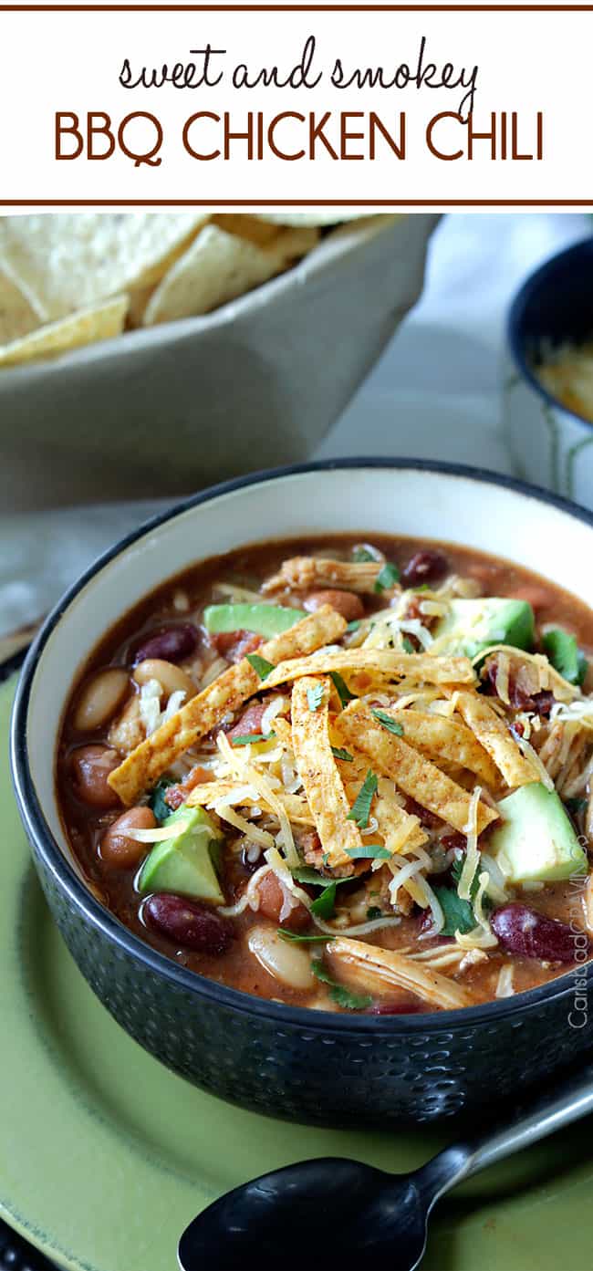 BBQ Chili with tortilla chips on top.
