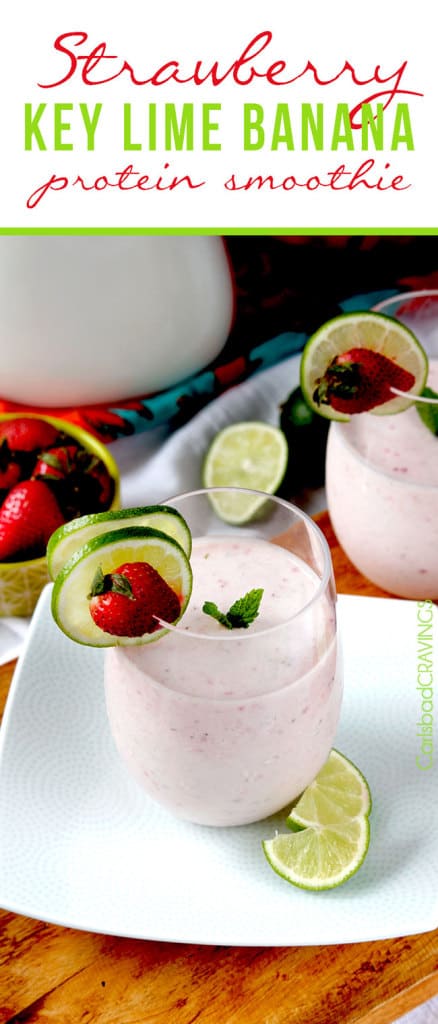 a strawberry banana protein smoothie on a white plate 