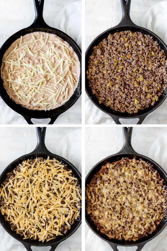 Showing steps on how to make Ranch Taco Dip in a skillet adding cheese and baking.