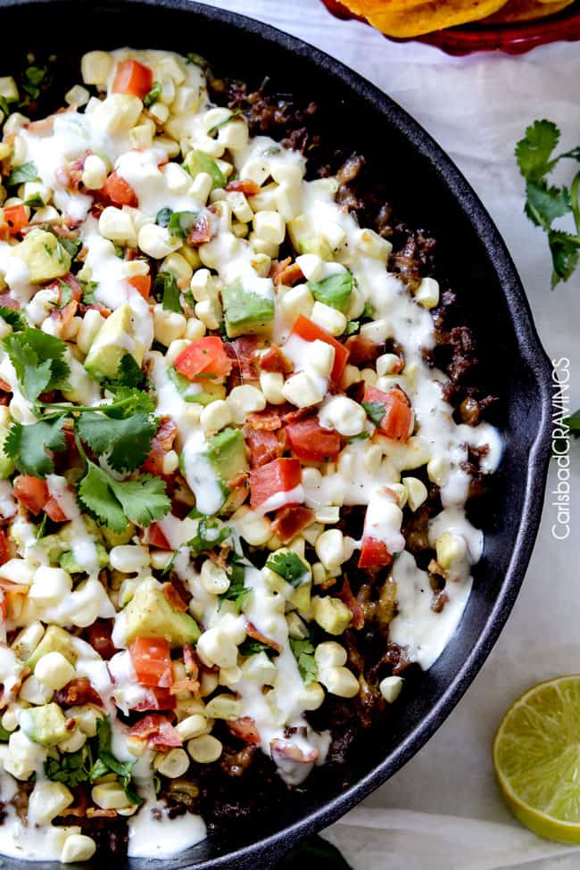 Ranch Taco Dip with Fresh Corn Avocado Bacon Salsa