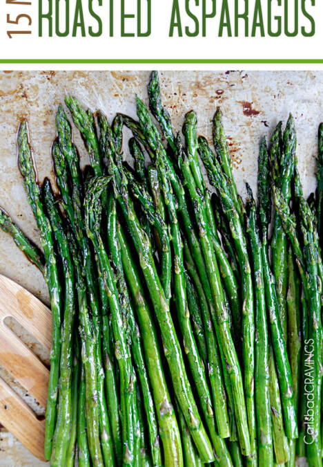 showing how to make balsamic asparagus by roasting asparagus on a pan