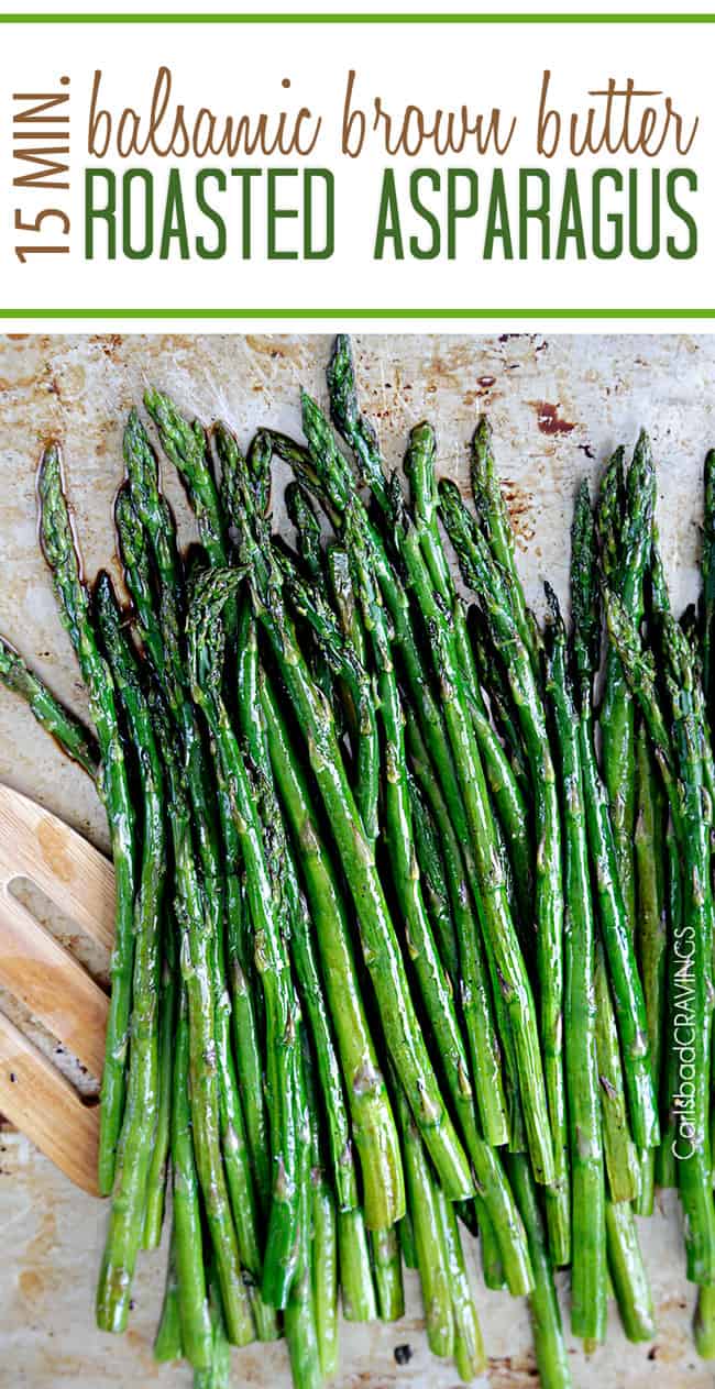 showing how to make balsamic asparagus by roasting asparagus on a pan