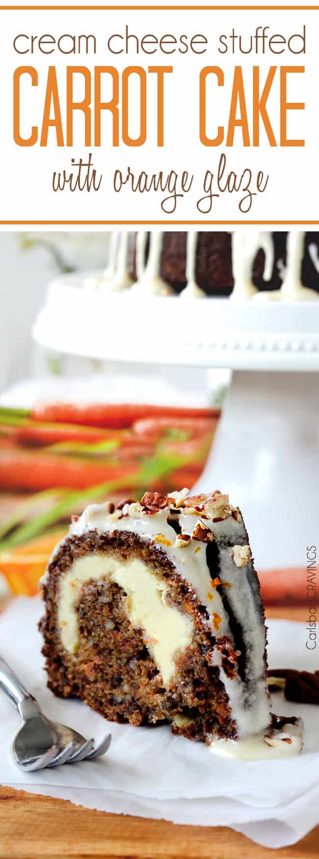 a slice of cream cheese-filled carrot bundt cake on a piece of parchment paper. a cake stand rests in the background 