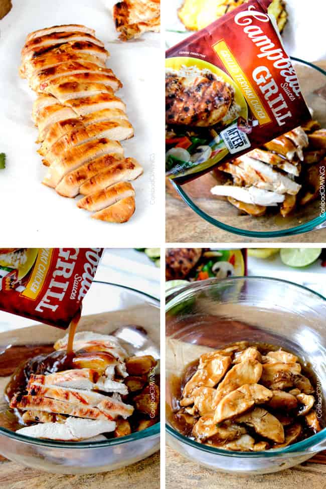 photo collage showing how to make teriyaki chicken with Campbell's grill sauce packet