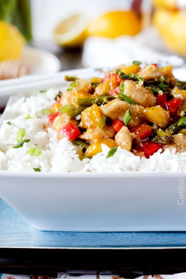 Honey Lemon Chicken Stir Fry with Asparagus and Mangoes