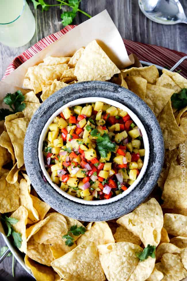 Home made Pineapple Salsa with a corns around the bowl.