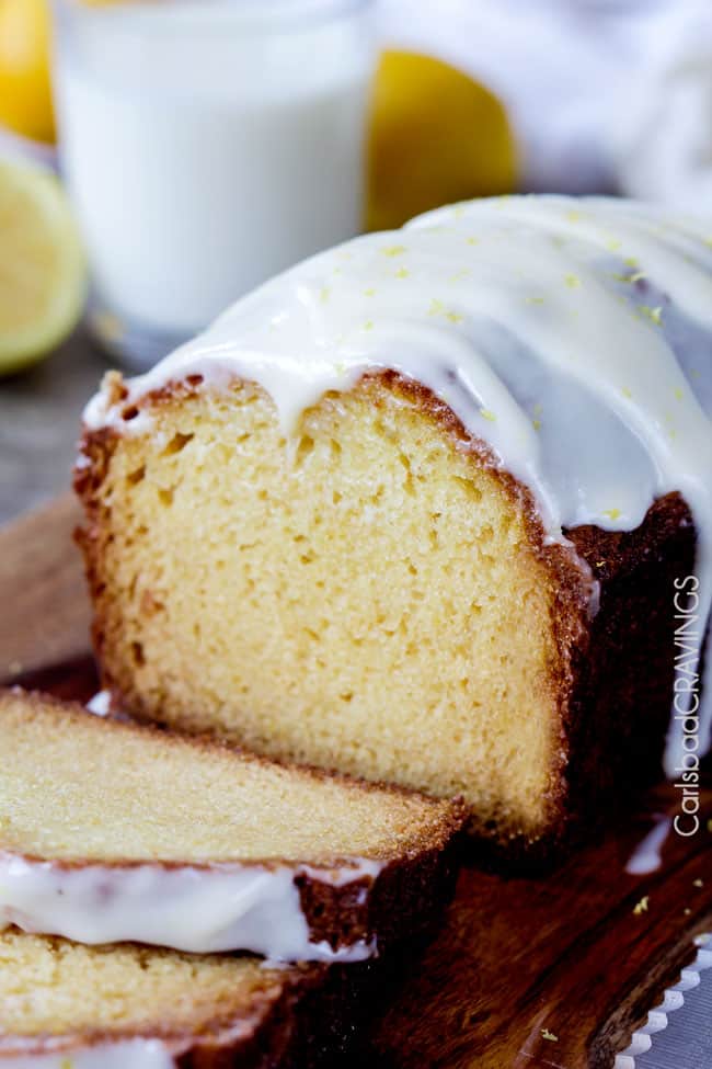 Lemon Bread Recipe with lemon glaze on a cutting board