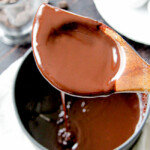 Large spoon with Chocolate Sauce dripping down.