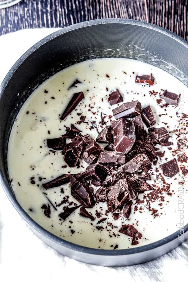 Showinf how to make Chocolate Sauce by adding chocolate chunks to milk and butter to melt. 