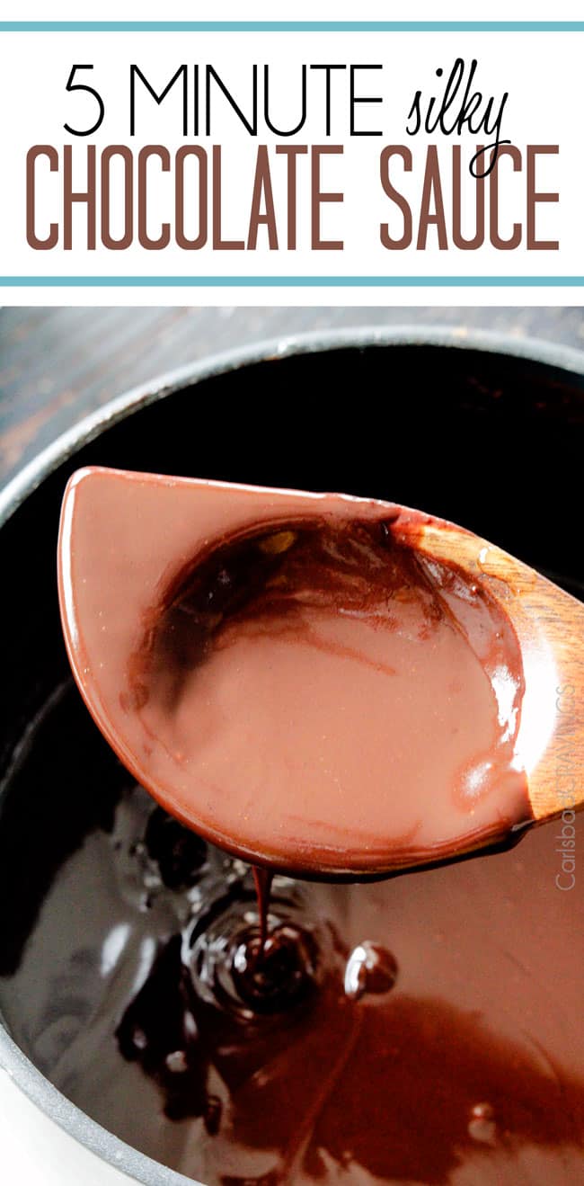 Large spoon with Chocolate Sauce dripping in a pot.