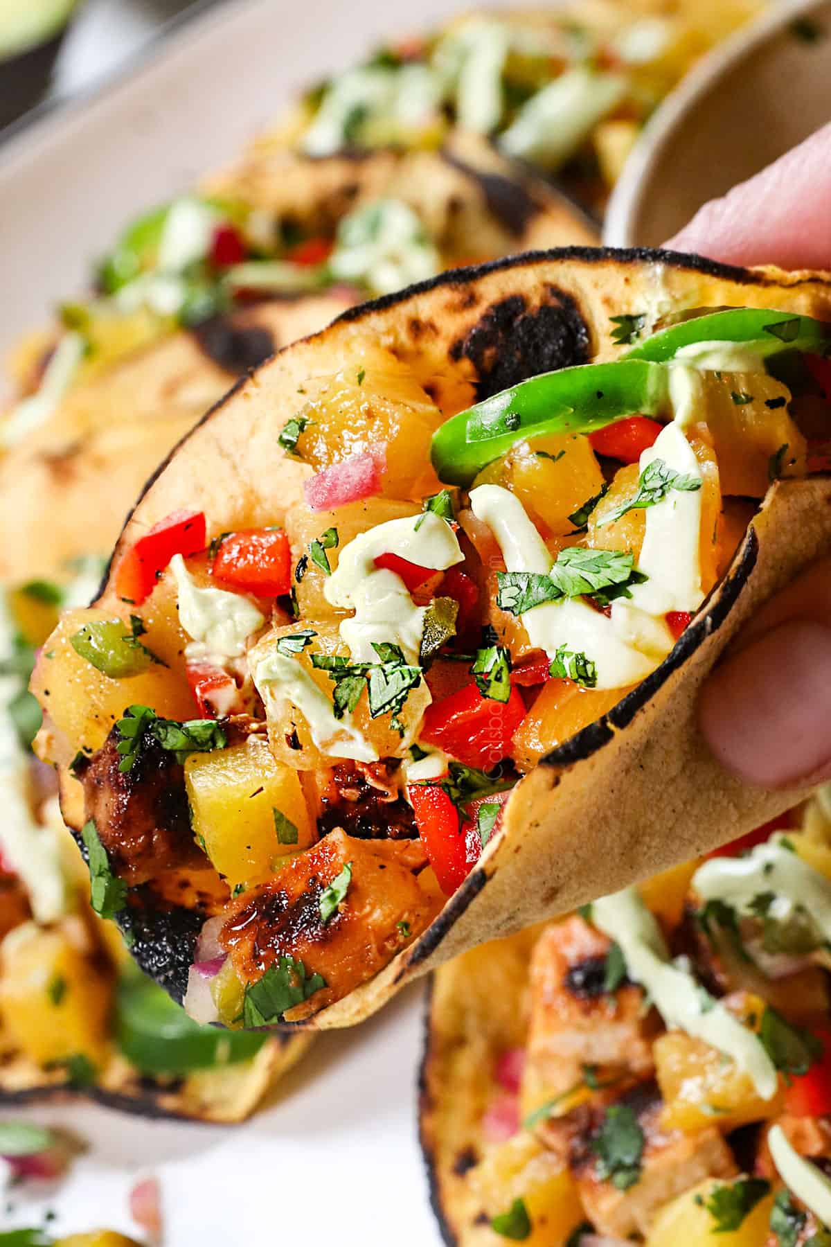 up close of holding a chicken taco showing the charred tortilla