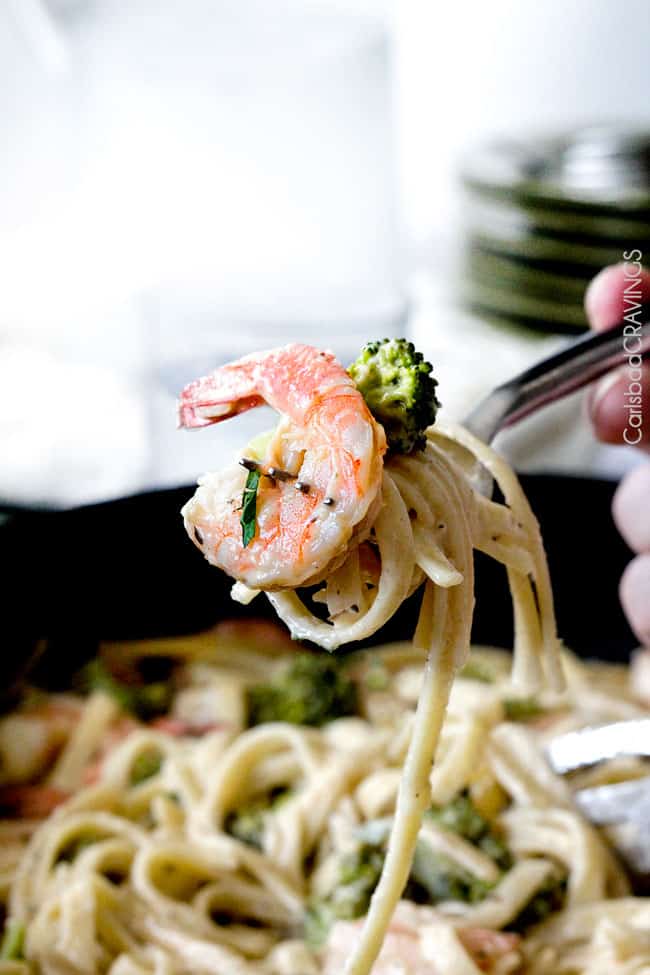 a fork picking up Shrimp Alfredo Recipe with broccoli