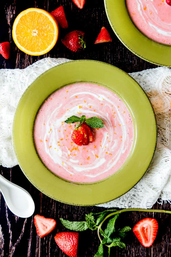 top view of a bowl of chilled Strawberry Soup starter