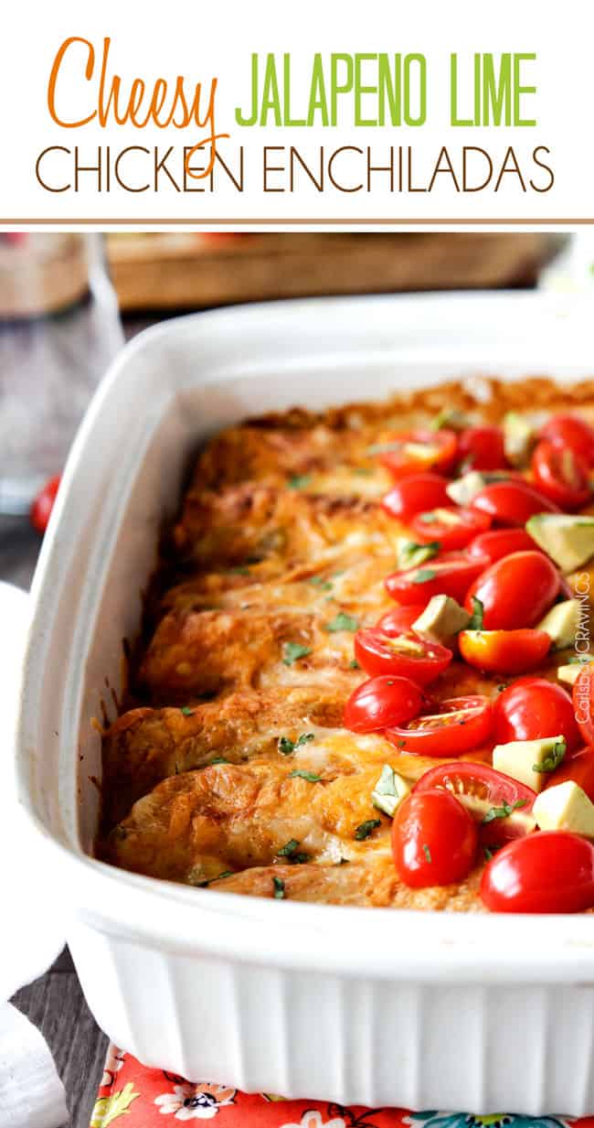 Cheesy Chicken Enchiladas with Jalapeno Sour Cream Sauce