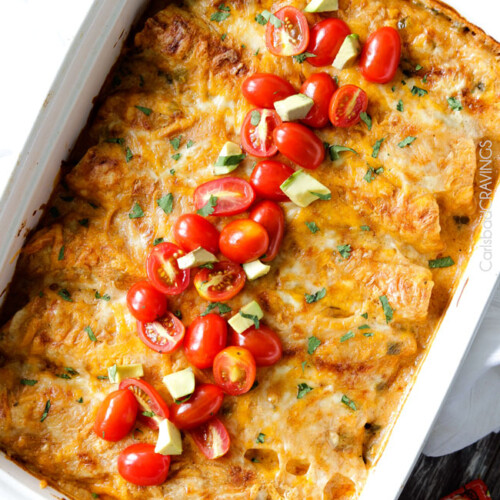 Cheesy Chicken Enchiladas with Jalapeno Sour Cream Sauce