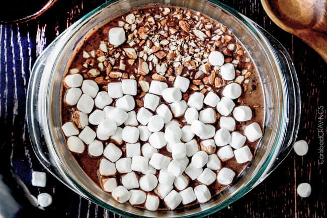 Showing how to make Rocky Road Ice Cream with marshmallows and nuts mixed in a bowl.