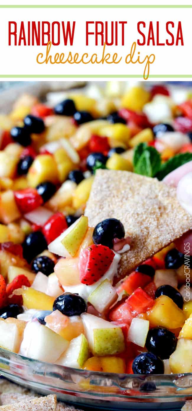Light and refreshing Rainbow Fruit Salsa (No Bake) Cheesecake Dip is the perfect make ahead dessert/appetizer that no one will be able to stop munching! #cheesecakedip #cheesecake #dip #appetizer #fruitsalsa
