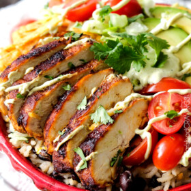 Chicken Burrito Bowl in Red Serving Bowl;