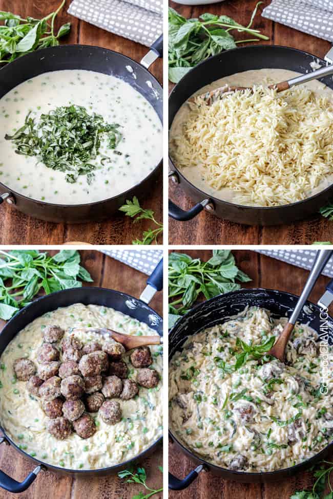 Showing step by step how to make Parmesan Meatballs in a cream sauce with orzo and basil by adding meatballs and orzo.