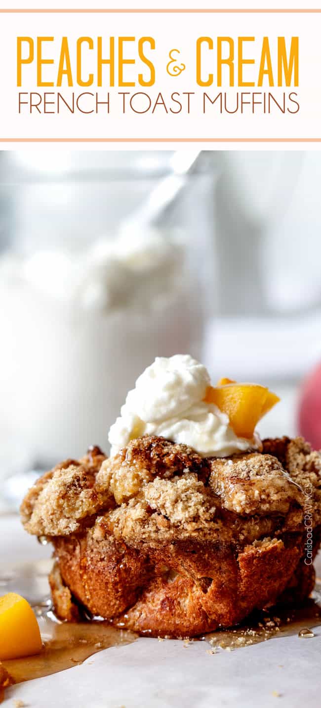 Baked Peaches and Cream French Toast Muffins are an irresistible STRESS FREE make-ahead breakfast bursting with sweet peaches, crowned with Cinnamon Streusel, doused with syrup and topped with luscious cream! !