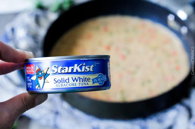 Showing how to make Cajun Tuna Casserole by adding Starkist solid white albacore tuna.