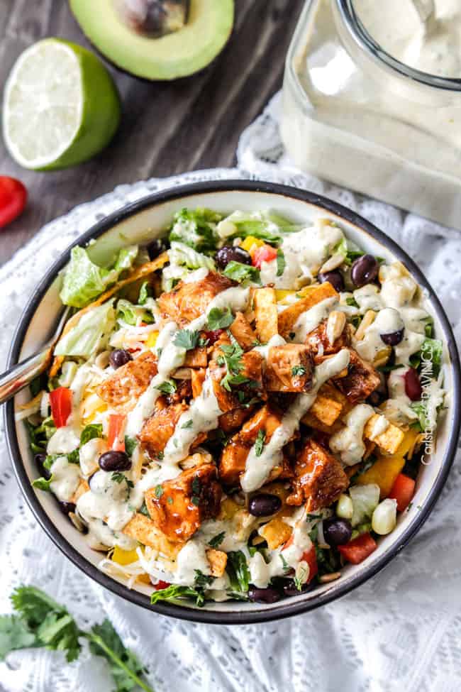 Chipotle BBQ Chicken Salad in a bowl with Avocado Ranch Dressing