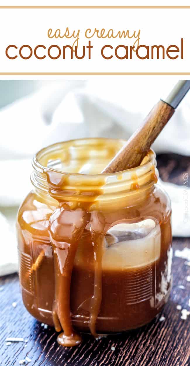 Coconut Caramel Sauce in a jar ans serving spoon. 