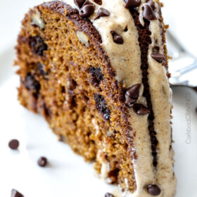Moist, rich Chocolate Chip Pumpkin Cake infused with chocolate and bathed in in Cinnamon Pumpkin Cream Cheese Glaze is SO good! The only cake you need for Fall!