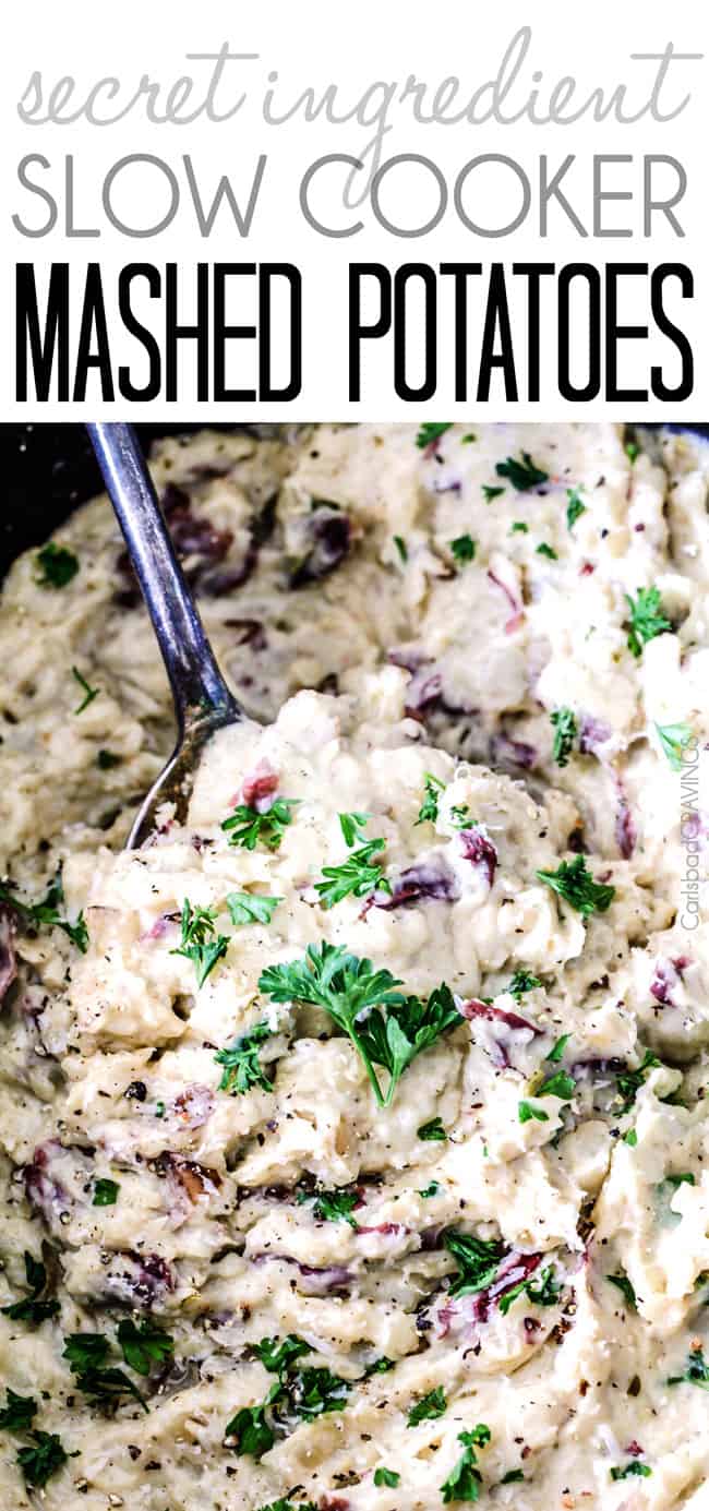 Mega creamy, mega flavorful, mega easy make-ahead Slow Cooker Mashed Potatoes are about to become your favorite go-to mashed potatoes. You will never need to peel or boil potatoes again!