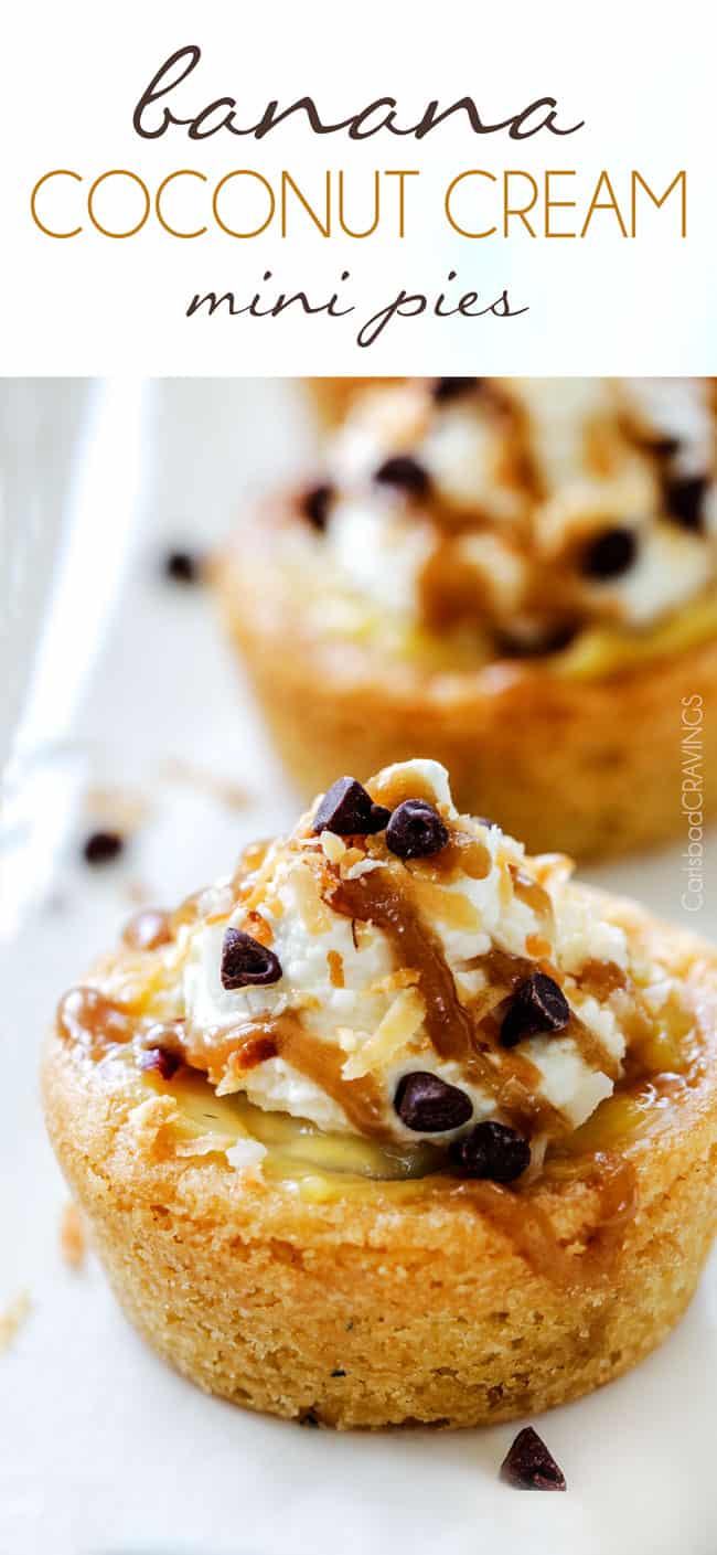 Mini Banana Coconut Cream Pies is the best of both pies in one! Baked in chewy, buttery sugar cookie cups, topped with Coconut Whipped Cream and Drizzled with Coconut Caramel - perfect for holidays!