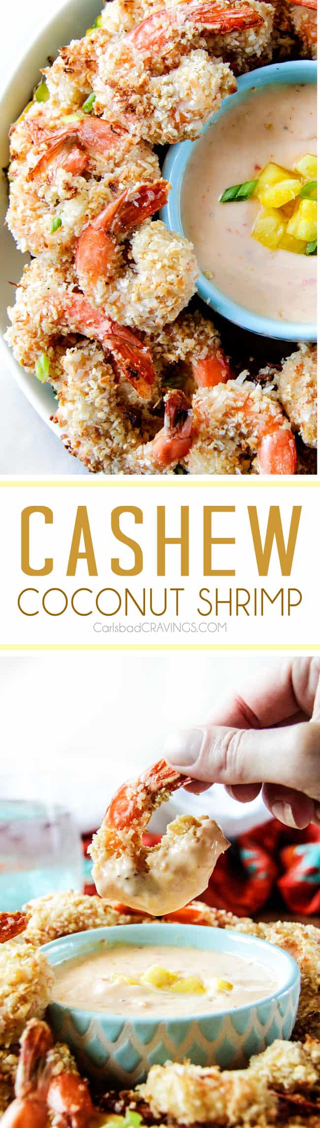 Baked crunchy, juicy Coconut Cashew Shrimp with Pineapple Sweet Chili Dip way better than takeout without the extra fat or cost!