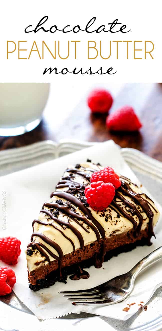 Peanut Butter Chocolate Mousse cake on a plate with raspberries and a fork. 