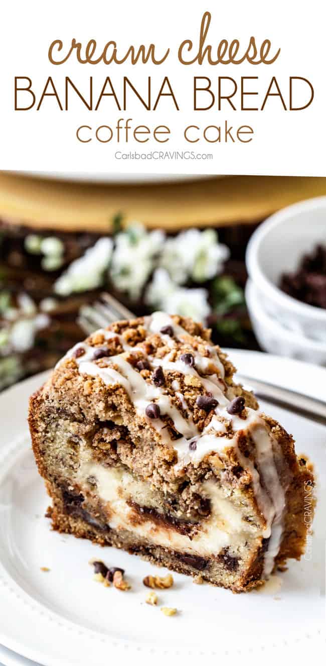 a slice of moist coffee cake recipe on a white plate with vanilla drizzle