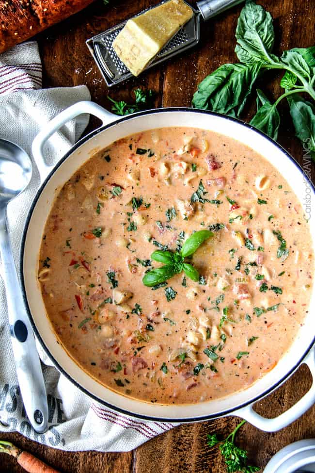Creamy Basil Parmesan Italian Soup tastes better than any restaurant soup! Super easy and seasoned to perfection bursting with tender chicken, tomatoes, carrots, celery and macaroni enveloped by creamy Parmesan.
