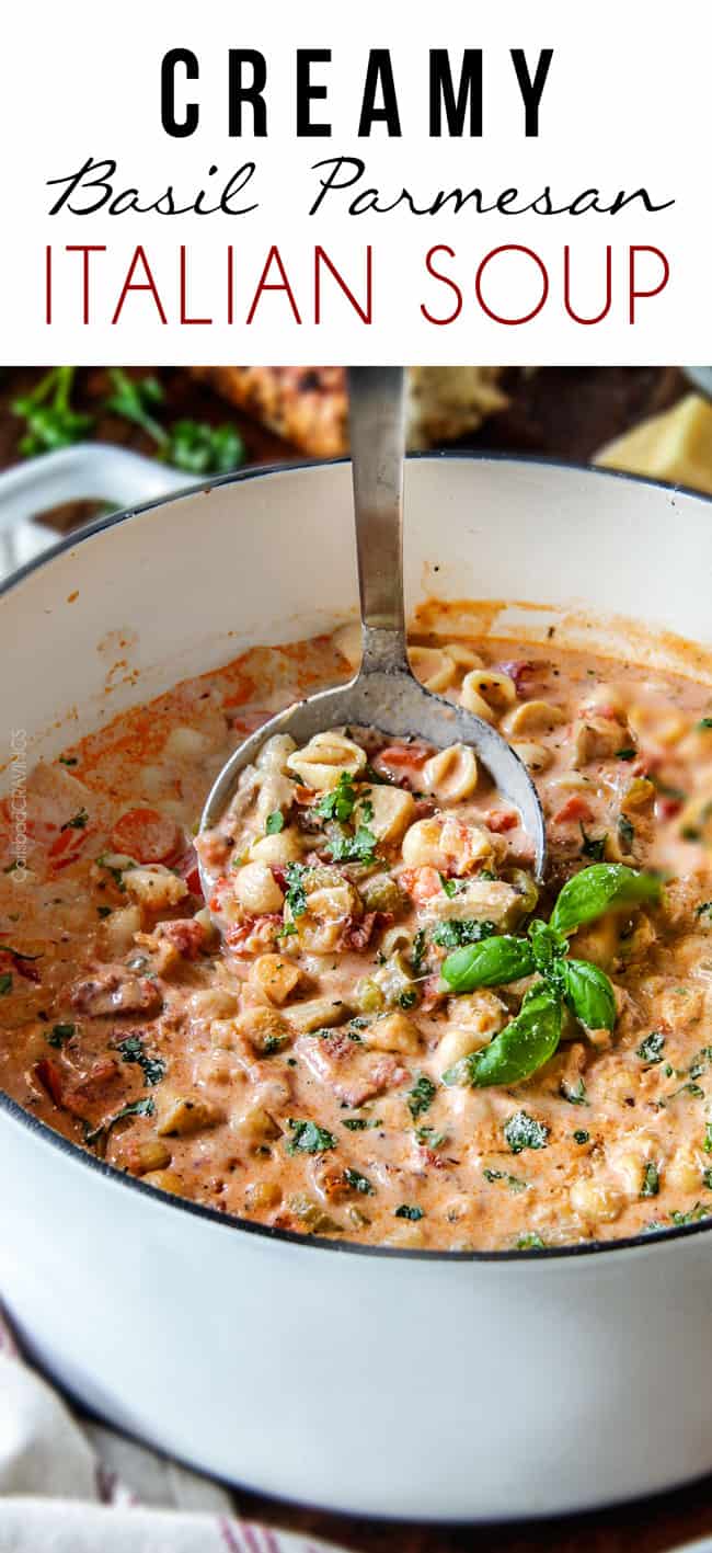 Creamy Basil Parmesan Italian Soup tastes better than any restaurant soup! Super easy and seasoned to perfection bursting with tender chicken, tomatoes, carrots, celery and macaroni enveloped by creamy Parmesan.