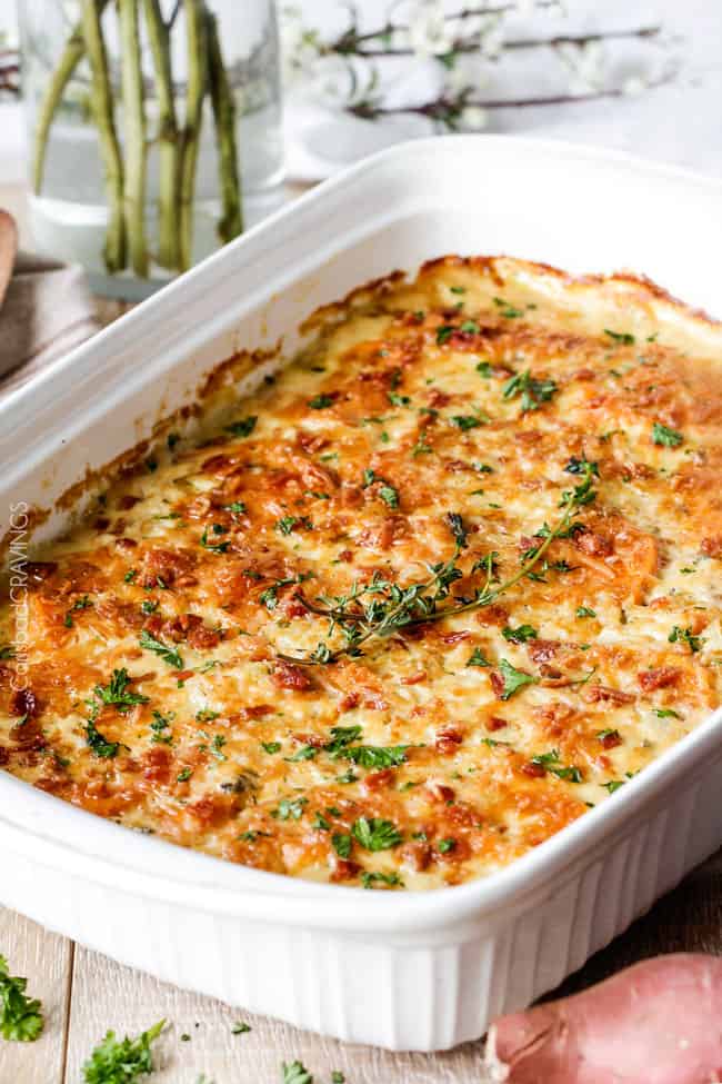 Herb Scalloped Sweet Potatoes with Bacon and Gruyere - Carlsbad Cravings