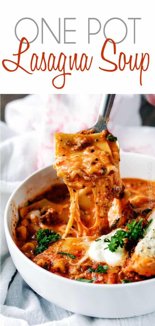 Lasagna Soup in a white bowl with cheese.