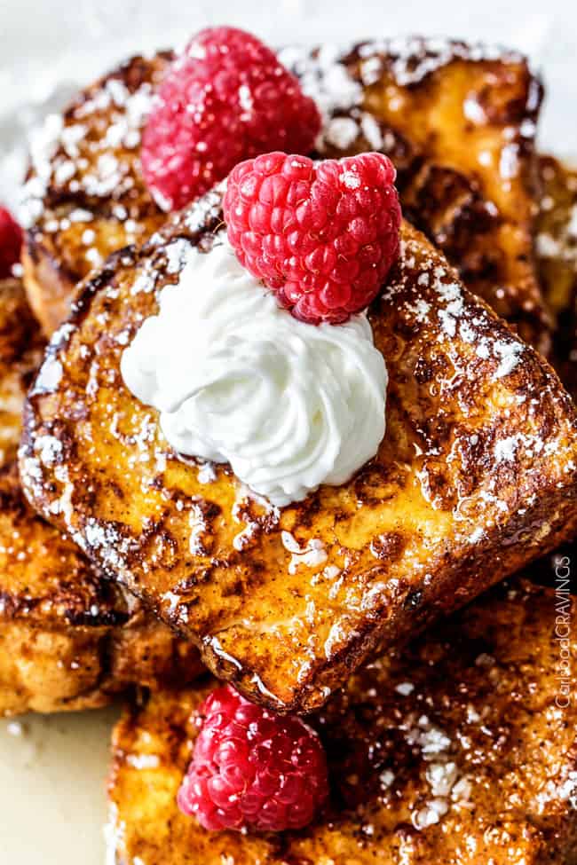 Close up of Pumpkin Spice French Toast with cream on top. 