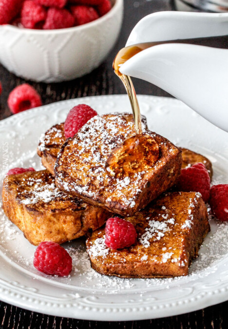 BEST Pumpkin French Toast Ever! Angel food Cake French toast dipped in Pumpkin batter - the perfect texture of toasted on the outside, light, airy and slightly sweet cake heaven on the inside.