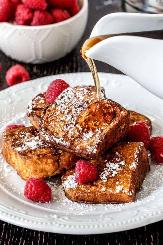 Pouring syrup on Pumpkin French Toast.