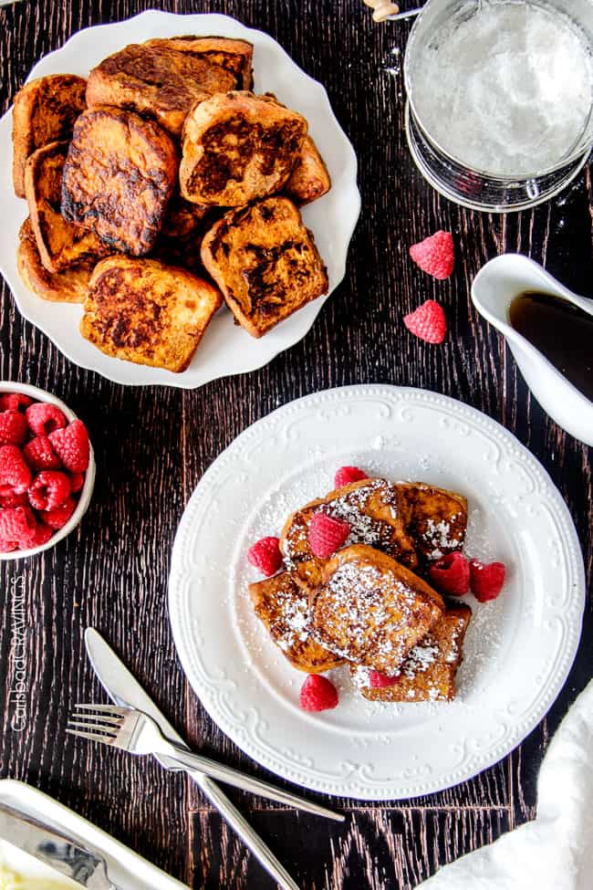 Pumpkin French Toast stacked high on a plate. 