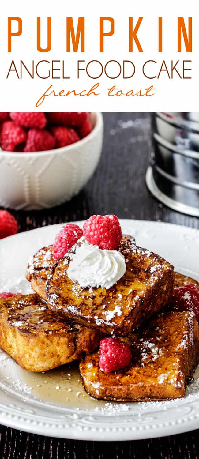 Pumpkin Angel Food Cake French Toast with cream on top. 