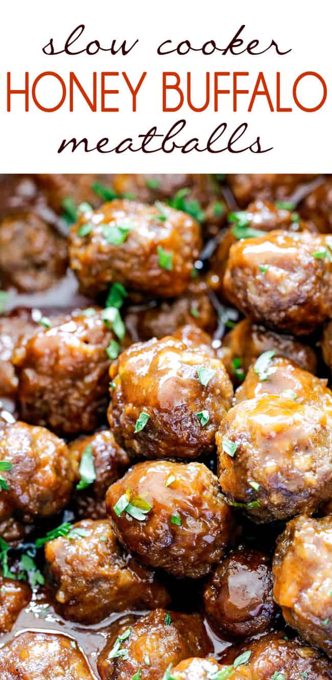 up close of slow cooker buffalo meatballs in the crockpot