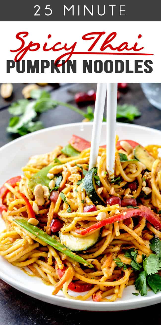 plate of thai pumpkin pasta. A pair of chopsticks is digging into the pasta. 