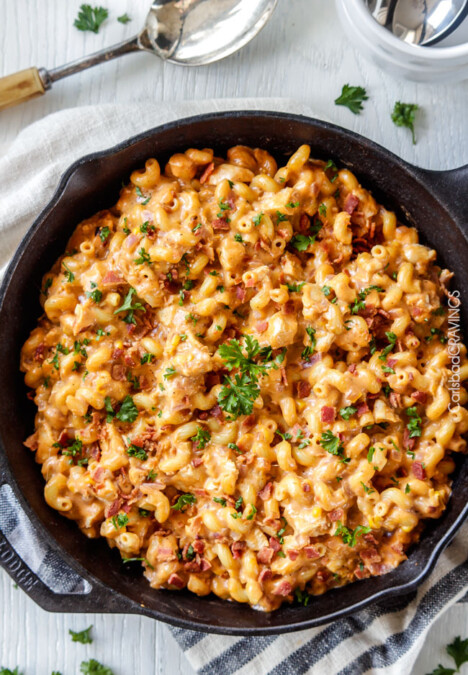 Lightened Up Buffalo Bacon Chicken Macaroni and Cheese is crazy creamy without any heavy cream or butter (but with a secret ingredient instead!), less than 10 minutes prep and is so bursting with flavor you will be licking your plate!