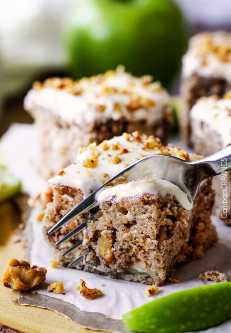 Super moist Maple Apple Spice Cake infused with sweet maple, bursting with Fall spices, walnuts (optional) and smothered in silky cream cheese frosting. Everyone loves this cake!
