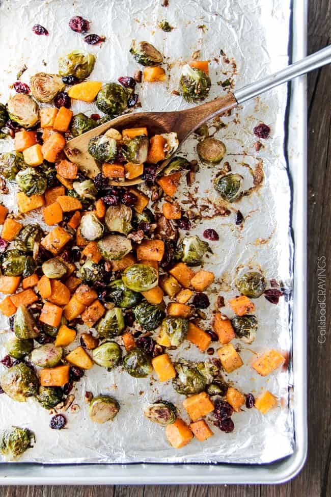 Showing how to make Roasted Brussels Sprouts and Butternut Squash after they bake. 